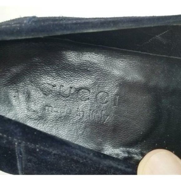 Gucci 7.5D Men s Black Suede Leather Slip On Metal Logo Strap Square Toe Loafers main image 4
